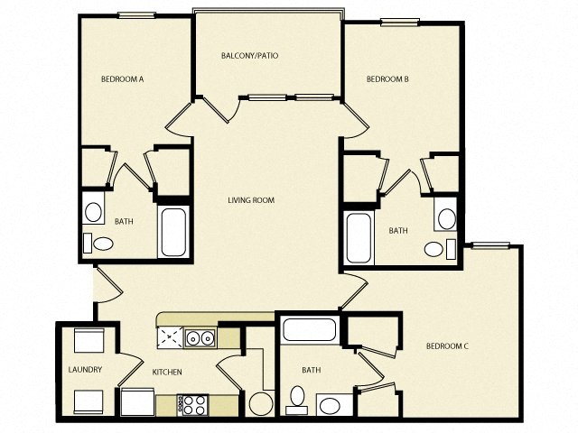 Floor plan for 3 beds, 3 baths, 1133 sqft